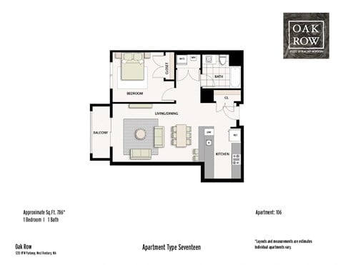 Floor plan for 1 bed, 1 bath, 786 sqft